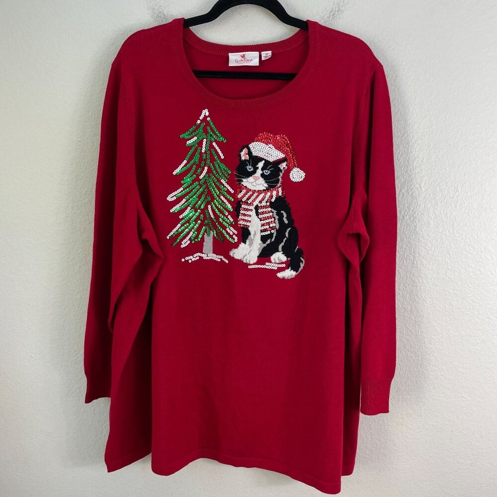 Quacker Factory Womens Plus 3X Red Christmas Cat Sweater Sequins Long Sleeve Top